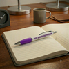 Funny purple and white pen; ballpoint; silver accents; text on the side of the pen reads 'Not a morning person'; cheeky gifts 1