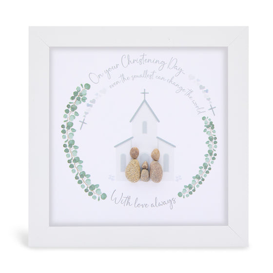 This white shadowbox framed pebble art print features a a beautiful church design with a family in front. It reads On Your Christening Day even the smallest can change the the world. With love always.