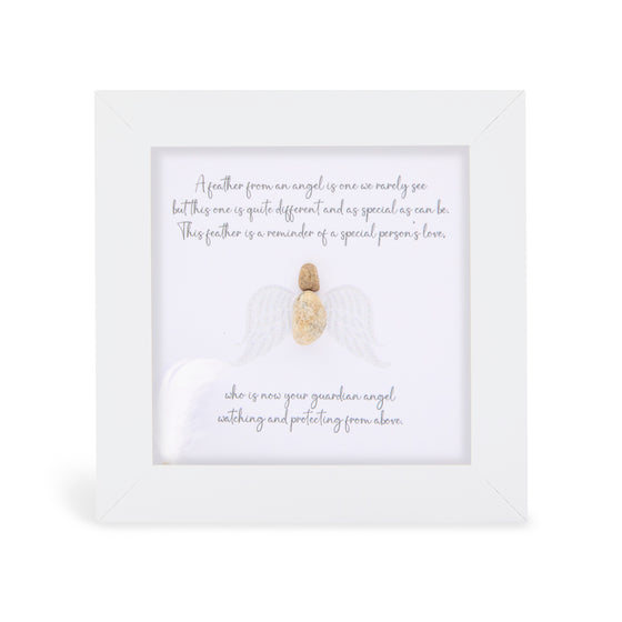These small white shadow box frame gifts are made with a 4-inch white shadow box frame with a plexiglass insert, helping it be less fragile in the post and around the home. You can also easily take them apart to clean the inside of the glass or frame if you need to.&nbsp; They come individually boxed for added protection during shipping.&nbsp;

This white shadowbox framed pebble art print an angel. Feathers from guardian angels watching and protecting from above. 