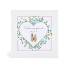  These small white shadow box frame gifts are made with a 4-inch white shadow box frame with a plexiglass insert, helping it be less fragile in the post and around the home. You can also easily take them apart to clean the inside of the glass or frame if you need to. They come individually boxed for added protection during shipping.

This white shadowbox framed pebble art print a wild greenery heart design with 2 people standing close inside.&nbsp;It reads Together is our favourite place to be.