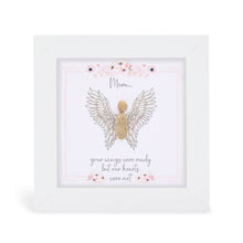  These small white shadow box frame gifts are made with a 4-inch white shadow box frame with a plexiglass insert, helping it be less fragile in the post and around the home. You can also easily take them apart to clean the inside of the glass or frame if you need to.&nbsp; They come individually boxed for added protection during shipping.&nbsp;

This white shadowbox framed pebble art print features an angel.&nbsp;It reads Mum, your wings were ready but our hearts were not. 