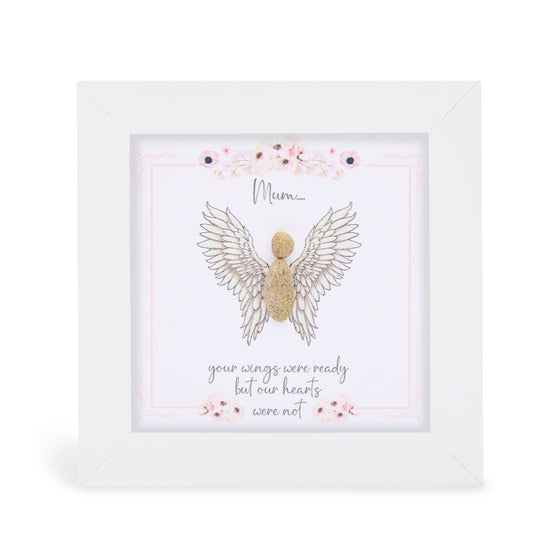 These small white shadow box frame gifts are made with a 4-inch white shadow box frame with a plexiglass insert, helping it be less fragile in the post and around the home. You can also easily take them apart to clean the inside of the glass or frame if you need to.&nbsp; They come individually boxed for added protection during shipping.&nbsp;

This white shadowbox framed pebble art print features an angel.&nbsp;It reads Mum, your wings were ready but our hearts were not. 