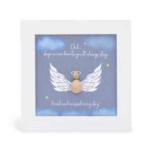  These small white shadow box frame gifts are made with a 4-inch white shadow box frame with a plexiglass insert, helping it be less fragile in the post and around the home. You can also easily take them apart to clean the inside of the glass or frame if you need to, They come individually boxed for added protection during shipping.
This white shadowbox framed pebble art print features an angel on a dark blue sky background. It reads Dad, deep in our hearts you'll always stay. Loved and missed
