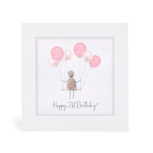  These small white shadow box frame gifts are made with a 4-inch white shadow box frame with a plexiglass insert, helping it be less fragile in the post and around the home. You can also easily take them apart to clean the inside of the glass or frame if you need to.&nbsp; They come individually boxed for added protection during shipping.&nbsp;

This white shadowbox framed pebble art print a girl sitting in a swing with shades of pink balloons overhead that all have 21 written in Happy 21st Birthday