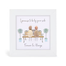  These small white shadow box frame gifts are made with a 4-inch white shadow box frame with a plexiglass insert, helping it be less fragile in the post and around the home. You can also easily take them apart to clean the inside of the glass or frame if you need to.&nbsp; They come individually boxed for added protection during shipping.&nbsp;

This white shadowbox framed pebble art print 2 people sitting on a bench. It reads " Promise to be by your side Forver & Always