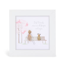  These small white shadow box frame gifts are made with a 4-inch white shadow box frame with a plexiglass insert, helping it be less fragile in the post and around the home. You can also easily take them apart to clean the inside of the glass or frame if you need to. They come individually boxed for added protection during shipping.

This white shadowbox framed pebble art features a person sitting on a park bench with a dog. It reads Best Friends come in all shapes and sizes.