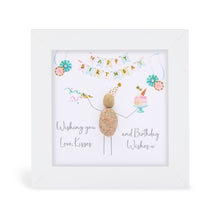  These small white shadow box frame gifts are made with a 4-inch white shadow box frame with a plexiglass insert, helping it be less fragile in the post and around the home. You can also easily take them apart to clean the inside of the glass or frame if you need to. They come individually boxed for added protection during shipping.

This white shadowbox framed pebble art features a birthday party scene a person wearing birthday hat holding a cake. It reads Wishing you Love, Kisses, a Birthday Wishes
