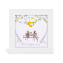  These small white shadow box frame gifts are made with a 4-inch white shadow box frame with a plexiglass insert, helping it be less fragile in the post and around the home. You can also easily take them apart to clean the inside of the glass or frame if you need to.&nbsp; They come individually boxed for added protection during shipping. 
This white shadowbox framed pebble art print features 2 people sitting on a bench Gold Anniversary Gift 50 yrs down Forever to Go