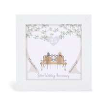  These small white shadow box frame gifts are made with a 4-inch white shadow box frame with a plexiglass insert, helping it be less fragile in the post and around the home. You can also easily take them apart to clean the inside of the glass or frame if you need to.&nbsp; They come individually boxed for added protection during shipping.&nbsp;

This white shadowbox framed pebble art print 2 people sitting on a bench under Silver Wedding Anniversary 25th Anniversary Gift