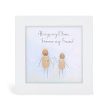  These small white shadow box frame gifts are made with a 4-inch white shadow box frame with a plexiglass insert, helping it be less fragile in the post and around the home. You can also easily take them apart to clean the inside of the glass or frame if you need to. They come individually boxed for added protection during shipping.

This white shadowbox framed pebble art print 2 people holding hands walking in a field. It reads Always my Mum, forever my Friend.