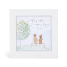  These small white shadow box frame gifts are made with a 4-inch white shadow box frame with a plexiglass insert, helping it be less fragile in the post and around the home. You can also easily take them apart to clean the inside of the glass or frame if you need to. They come individually boxed for added protection during shipping.

This white shadowbox framed pebble art print 2 people sitting in on a bench in a park. It reads First my Sister, Forever my Friend