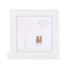  These small white shadow box frame gifts are made with a 4-inch white shadow box frame with a plexiglass insert, helping it be less fragile in the post and around the home. You can also easily take them apart to clean the inside of the glass or frame if you need to. They come individually boxed for added protection during shipping.

This white shadowbox framed pebble art print 2 people walking in a field with a tree.&nbsp;It reads I am so lucky to have a friend like you.