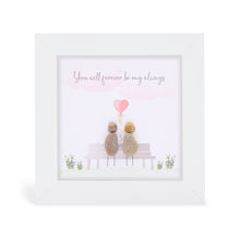  These small white shadow box frame gifts are made with a 4-inch white shadow box frame with a plexiglass insert, helping it be less fragile in the post and around the home. You can also easily take them apart to clean the inside of the glass or frame if you need to.&nbsp; They come individually boxed for added protection during shipping.&nbsp;

This white shadowbox framed pebble art print 2 people sitting on a bench with a pink heart above their heads it reads "you will forever be my always.