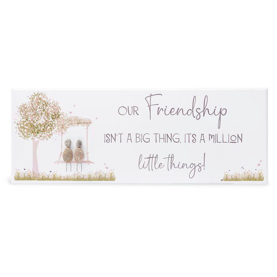 These wood plaques have all been painted white prior to their individual designs being painted on with the pebble art. They measure 32cm (L) x 12cm (W) x 1cm (D) and can be hung on the wall if desired.&nbsp;

This beautiful wood plaque depicts 2 sitting on a swing under a tree and it reads Our friendship isn't a big thing. It's a million little things!