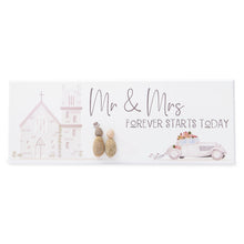 These wood plaques have all been painted white prior to their individual designs being painted on with the pebble art. They measure 32cm (L) x 12cm (W) x 1cm (D) and can be hung on the wall if desired.&nbsp;

This beautiful wood plaque depicts a beautiful church in the background and a bride &amp; groom. It reads Mr &amp; Mrs Forever Starts Today.