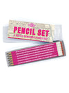 Set of cheeky pink pencils. Each pencil has its own unique cheeky message etched onto the side. A perfect gift for friends who like a good joke.