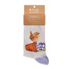 Potting about, high quality bamboo socks, featuring a beautiful illustration by Hannah Dale of a Wren. Baby blue backround, with blue flowers dotted around. A perfect gift for animal lovers. Wrendale Designs.