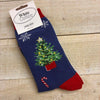 Women's Christmas Socks size 4-7 navy blue with christmas tree candy canes snowflakes, 17cm heel to top band