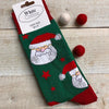 Tall Women's  Christmas Socks Luxury Soft Sizes 4-7 Dark Green Santa Heads and red stars 23cm from heel to sock band