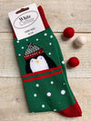 Women's Christmas Socks size 4-7 Dark Green Penguin and snowdrops extra tall on the leg, 23cm heel to top band