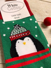 Women's Christmas Socks size 4-7 Dark Green Penguin and snowdrops extra tall on the leg, 23cm heel to top band 1