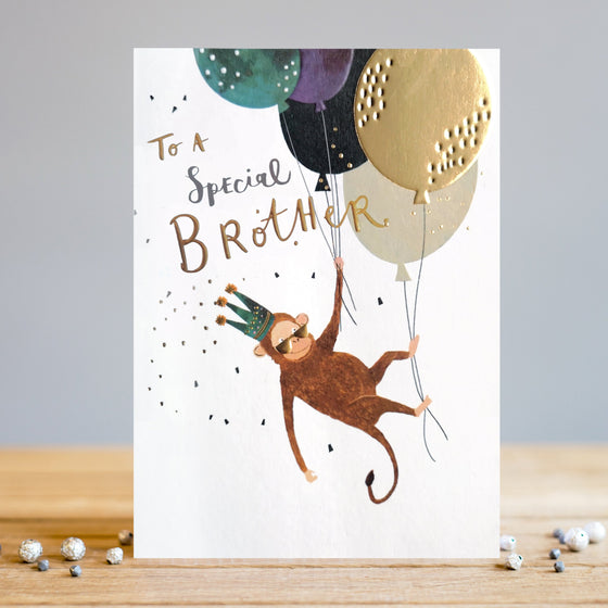 Gifts for women UK, Funny Greeting Cards, Wrendale Designs Stockist, Berni Parker Designs Gifts Greeting Cards, Engagement Wedding Anniversary Cards, Gift Shop Shrewsbury, Visit Shrewsbury Blank birthday card for children, to a special brother, young brother, monkey design