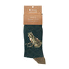 The happy frog, a warm pair of highquality, dark green bamboo socks for men. Featuring gorgeous artwork by Hannah Dale, of a happy frog, stitched into the soft fabric. A perfect gift for animal lovers. Wrendale Designs