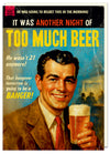 Hilarious men's birthday card; blank inside; featuring a cheerful man drinking beer in a brown suit; behind him an old magazine like backround; bold brightly coloured text that reads 'It was another night of too much beer'; by Dean Morris