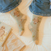Treetops, Elvis the owl, high quality, bamboo socks designed by Hannah Dale. Featuring a beautiful illustration of Elvis the owl on a spotty, sage green backround. A perfect gift for animal lovers.Wrendale Designs.