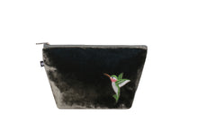  Dark Grey Velvet Cosmetics Bag with Hummingbird Design