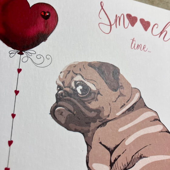 Gifts for women UK, Funny Greeting Cards, Wrendale Designs Stockist, Berni Parker Designs Gifts Greeting Cards, Engagement Wedding Anniversary Cards, Gift Shop Shrewsbury, Visit Shrewsbury, Blank Valentine's Day Card, Dog Themed blank Valentine's Day card, pug dog, Smooch Time, sweet blank valentine's day card 2