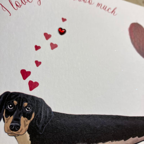 Gifts for women UK, Funny Greeting Cards, Wrendale Designs Stockist, Berni Parker Designs Gifts Greeting Cards, Engagement Wedding Anniversary Cards, Gift Shop Shrewsbury, Visit Shrewsbury, Blank Valentine's Day Card, Dog Themed blank Valentine's Day card, dachshound puppy, I love you sooooo much blank Valentine's Day Card 2