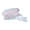 Women's hard sided, baby blue fabric covered glasses case. Featuring the beautiful illustration by Hannah Dale; Love and Hedgehugs. An adorable drawing of 2 hedgehogs snuggling in a patch of bluebells. A perfect gift for hedgehog and animal lovers. Wrendale Designs.