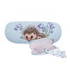 Women's hard sided, baby blue fabric covered glasses case. Featuring the beautiful illustration by Hannah Dale; Love and Hedgehugs. An adorable drawing of 2 hedgehogs snuggling in a patch of bluebells. A perfect gift for hedgehog and animal lovers. Wrendale Designs.