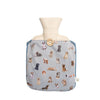A medium-sized hot water bottle, wrapped in a cozy and incredibly soft light grey cover. Featuring beautiful dog watercolor illustrations by Hannah Dale. A perfect gift for dog lovers, by Wrendale Designs.