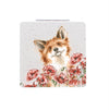 Square compact mirror featuring Hannah Dales watercolour artwork 'Poppy Fields'. This illustration features a happy countryside red fox sitting in a field of red poppies. Wrendale Designs, gifts for women.