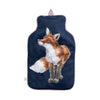 A medium-sized hot water bottle, wrapped in a cozy and super-soft navy fabric, featuring a giant fox and other small woodland creatures, all designed by Hannah Dale for Wrendale Designs; a perfect gift for animal lovers.