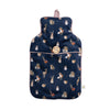 A medium-sized hot water bottle, wrapped in a cozy and super-soft navy fabric, featuring a giant fox and other small woodland creatures, all designed by Hannah Dale for Wrendale Designs; a perfect gift for animal lovers.