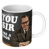 Funny men's mug; featuring a well dressed man, in a suit, similing, sitting at a table; big, bold text behind him that reads 'You sir, are a nob'; by Dean Morris