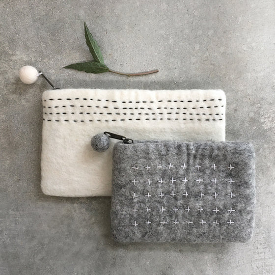 Gifts for women UK Sterling Silver Luxury Gift Ladies Hand Wrapped wife sister mum daughter Anniversary Presents Birthday East of India creamy white felt sashiko cosmestics bag pompom purse 2