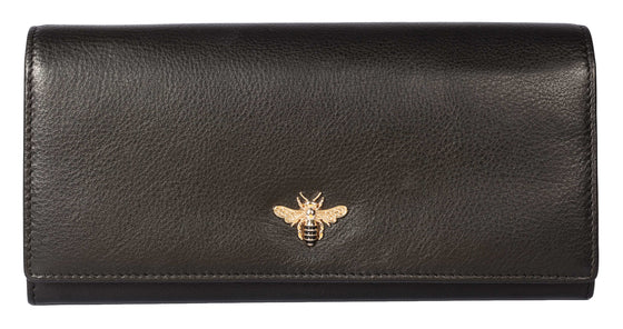 Mason Collection Black Leather Matinee Purse w/ RFID Protection and Gold Bee Decoration