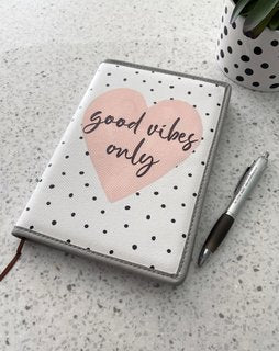 'Good Vibes Only' Black and White Spotty Notebook