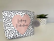  'Looking Fabulous' Black and White Spotty Costmetics Bag with Grey PomPom on Zipper