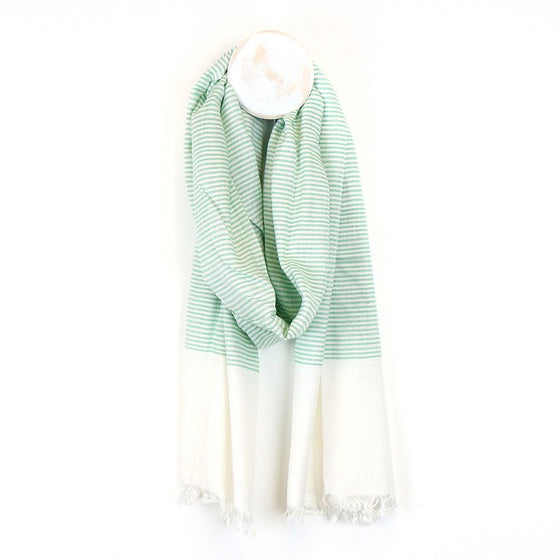 Creamy White and Sage Green Skinny Striped Lightweight Women's Scarf Freyed Edges Casual, Gifts for women mum daughter sister auntie grandma teenager 2