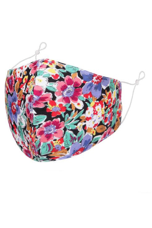 Black with Bright Multi-Coloured Floral Print Adult Face Mask with Filter Pocket