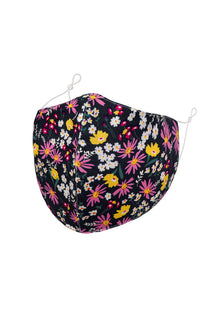  Black with Bright Yellow, Pink and White Floral Pattern Adult Face Mask with Filter Pocket