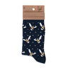 Busy Bee, a warm pair of Navy, high quality bamboo socks for Women. Designed by Hannah Dale, this pair of socks as a gourgous repeating pattern of illustrated bees and white poladots, stitched into the soft fabric. A perfect gift for animal lovers. Sock size 4 to 7. Wrendale Designs.