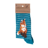 Country fox, soft, high quality bamboo socks for women. Featuring a beautiful illustration of a red fox on a cyan, white striped backround, by Hannah Dale. A perfect gift for animal lovers. Sock size 4 to 7. Wrendale Designs.