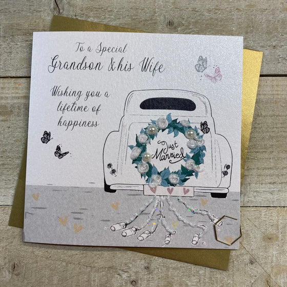 Gifts for women UK, Funny Greeting Cards, Wrendale Designs Stockist, Berni Parker Designs Gifts Greeting Cards, Engagement Wedding Anniversary Cards, Gift Shop Shrewsbury, Visit Shrewsbury Elegant Blank Wedding Day Card Special Grandson & Wife Vintage Car 1