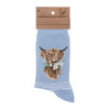 Daisy Coo, a warm pair of high quality, pale blue, white striped bamboo socks. Featuring gorgeous artwork by Hannah Dale, a cute highland cow holding daisys in it's mouth, stitched into the soft fabric. A perfect gift for animal lovers. Wrendale Designs.